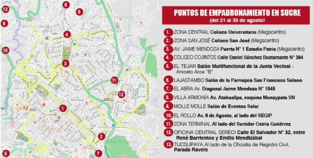 Empadronamiento masivo: Estos son los 13 puntos habilitados en Sucre