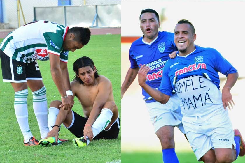 El lamento de los jugadores de Atlético Bermejo al final del partido; al lado, Marcos Ovejero abrió la ruta del triunfo