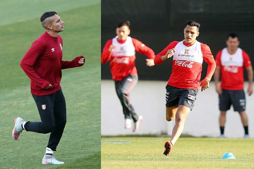 Las selecciones de Perú (i) y Chile sostuvieron ayer su último entrenamiento antes de enfrentarse esta noche