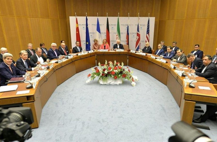 Vista general de la rueda de prensa celebrada en el ámbito de la reunión sobre el programa nuclear iraní. Foto: EFE