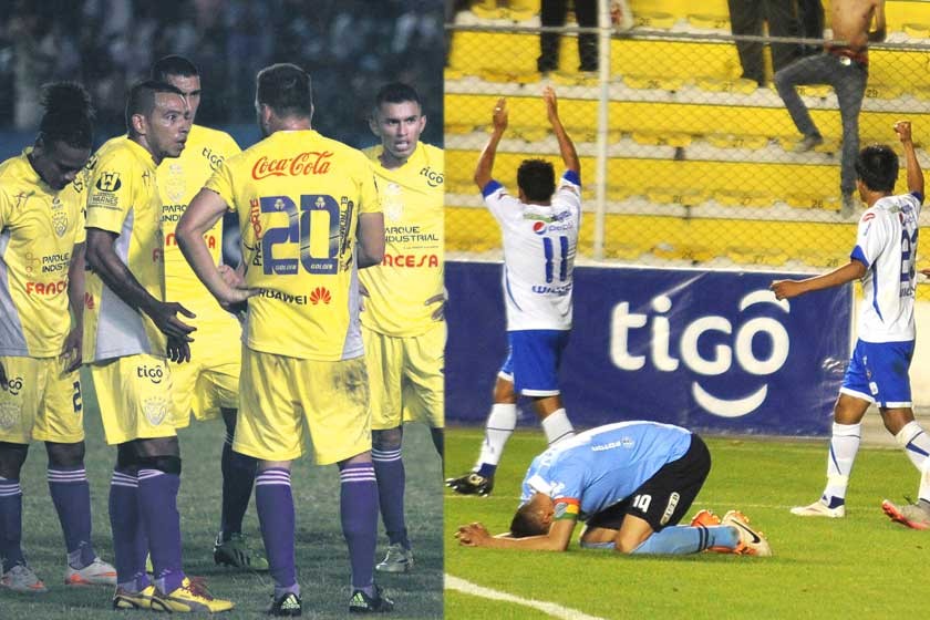 Los jugadores del equipo warneño no encontraron respuesta a la derrota frente a Blooming; al lado, el lamento del ...