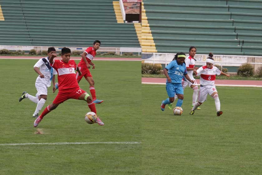 El chuquisaqueño Álvaro García domina el balón ante la marca de un jugador orureño; al lado, un pasaje del ...