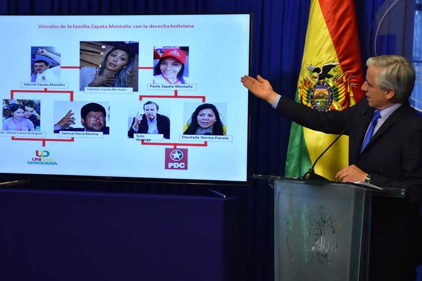 CONFERENCIA. El vicepresidente Álvaro García Linera explica su teoría sobre la "tramoya" montada por la oposición.