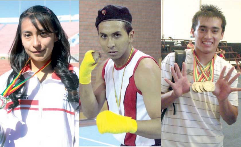 La atleta Selin Zurita (i), el boxeador José Luis Alfaro (c) y el gimnasta Alejandro Chumacero son algunos de los capita
