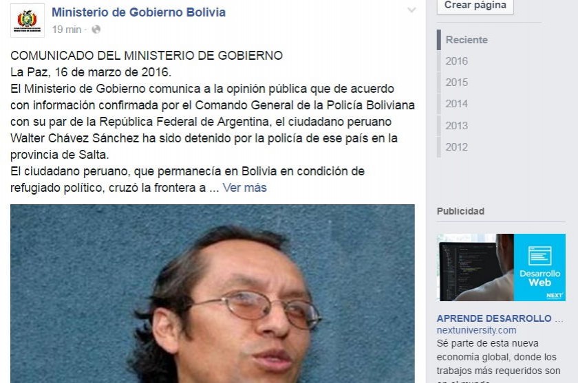 El comunicado del Ministerio de Gobierno sobre la detención de Wálter Chávez. Foto: Captura de pantalla