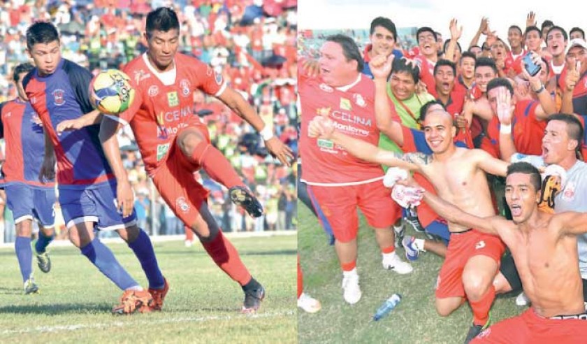 El partido entre Universitario y Guabirá se disputó ayer, en el estadio Gran Mamoré de Trinidad; al lado, el festejo