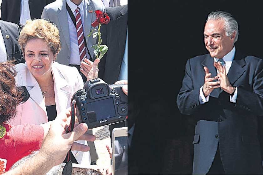 DESPEDIDA. Dilma Rousseff se despide de sus partidarios al salir del palacio de Planalto, en Brasilia.