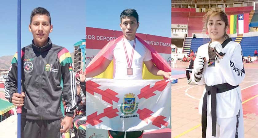 Los chuquisaqueños Melvin Soto (d), Denilson Ortega (c) y Gabriela Rosales subieron al podio en los Juegos Deportivos