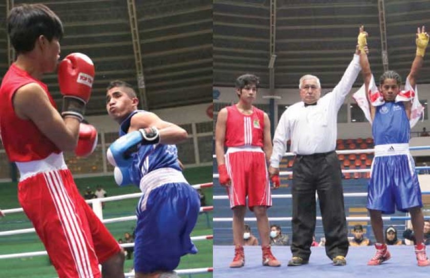 El chuquisaqueño José Luis Mamani (d) en su primer combate ante el alteño Addiel López; al lado, Richard Cocha