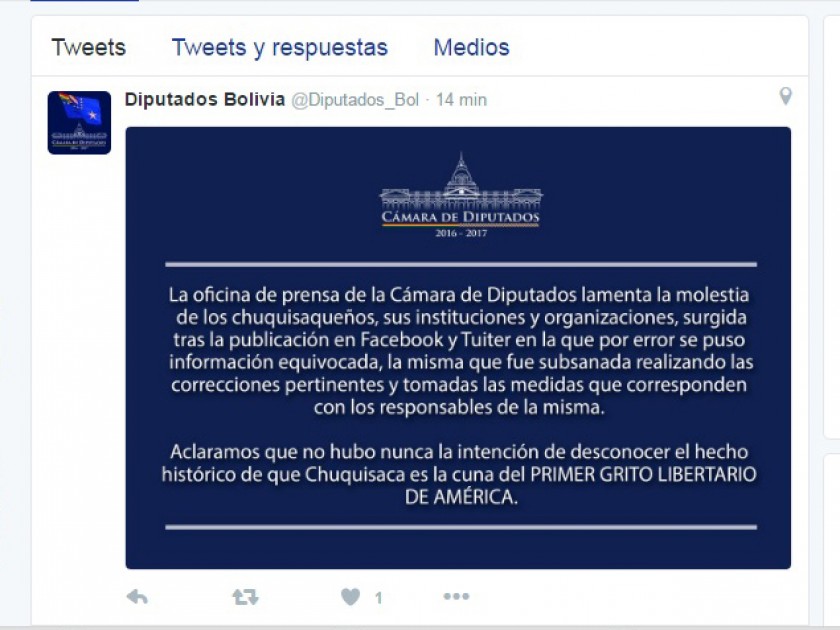 La comunicación publicada hoy en la cuenta oficial de Twitter de la Cámara de Diputados. FOTO: Captura de pantalla