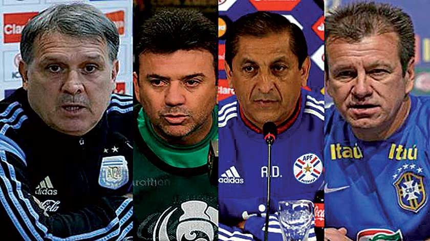 Gerardo Martino (i), Julio César Baldivieso (2i), Ramón Díaz (2d) y Dunga no son más entrenadores de sus selecciones.