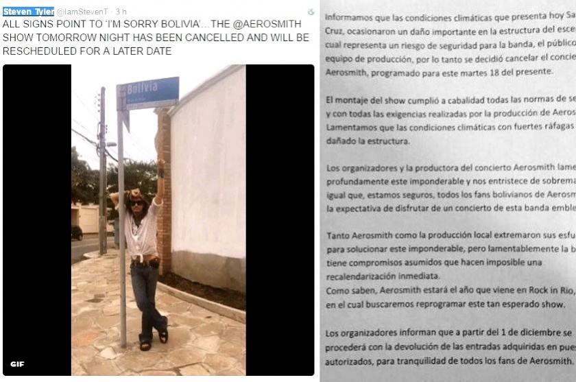 Steven Tyler se pronunció en su cuenta de Twitter y al lado la carta de explicación de los organizadores.