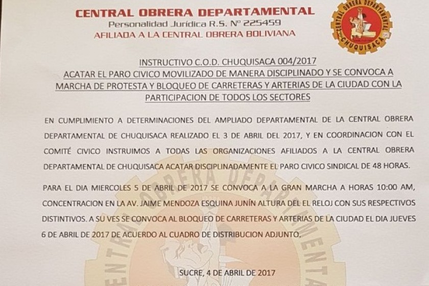 La COD instruye paro de 48 horas.