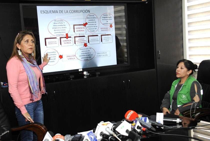 La ministra Gisela López acompañada de la gerente de BoliviaTV, Fabiola Rollano, en conferencia de prensa. ABI