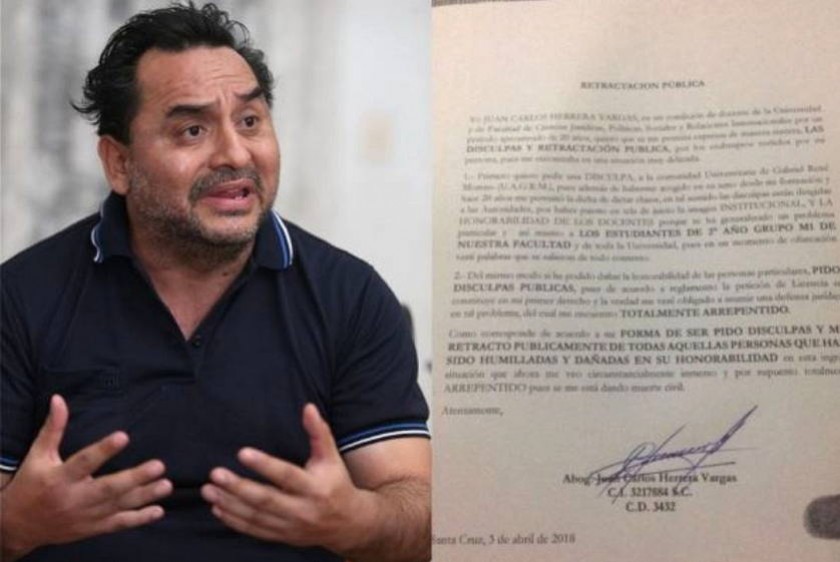 El docente pidió disculpas mediante una carta. Foto: El Deber