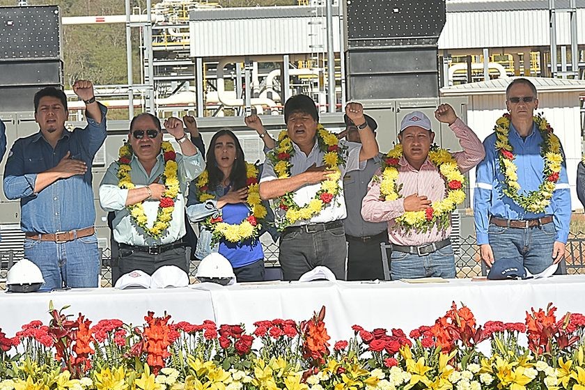 El presidente Evo Morales en el acto de ampliación de la capacidad de la planta Incahuasi. FOTO: ABI