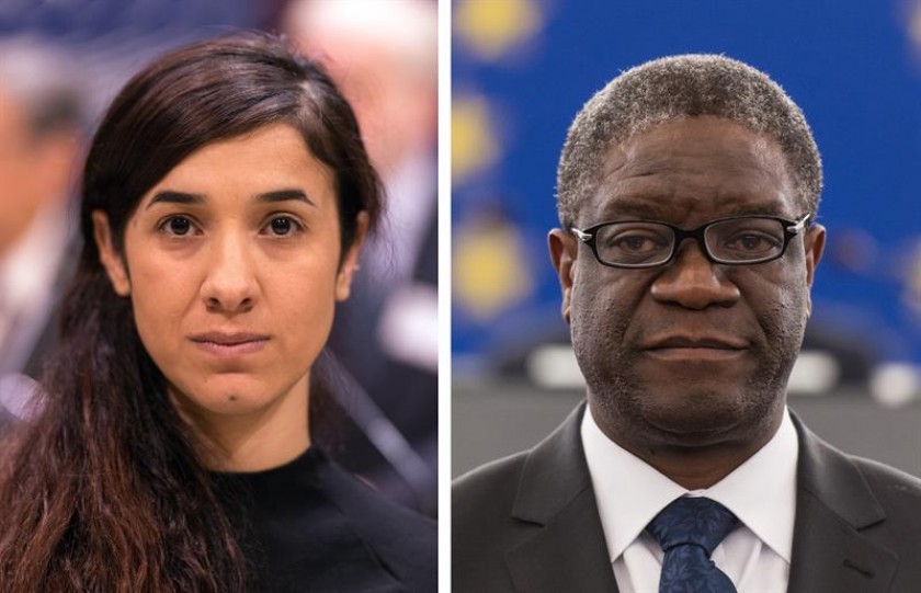 Los activistas por los derechos humanos, la iraquí Yazidi Kurdish y el congoleño Denis Mukwege. FOTO: EFE