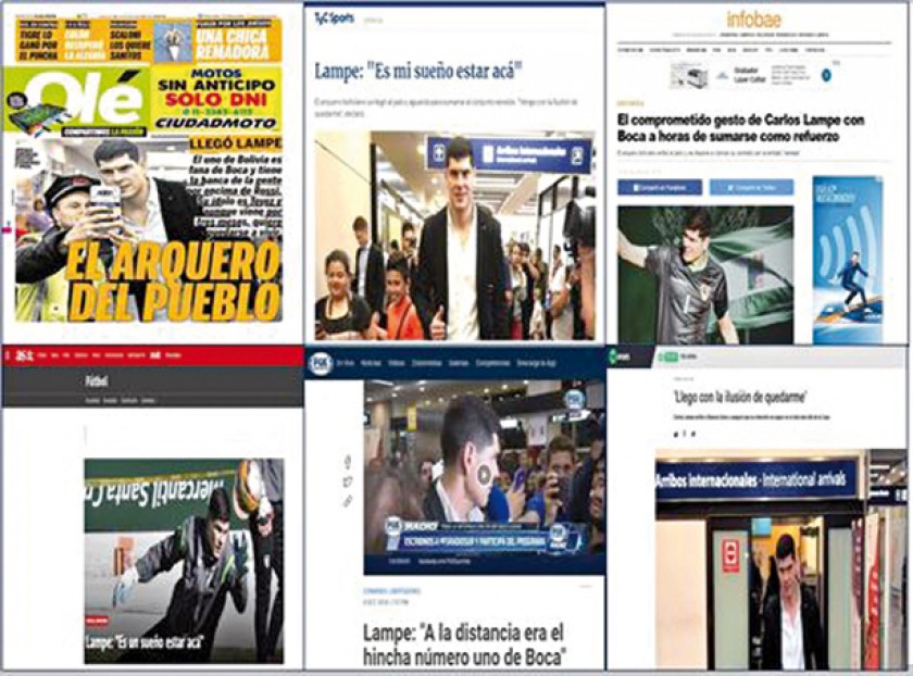 La fotografía que Boca Juniors publicó de sus tres arqueros, entre ellos Carlos Lampe; al lado, la primera práctica del