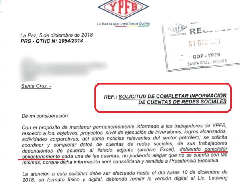 Una de las solicitudes sobre la información de cuentas en redes sociales de los funcionarios de YPFB.