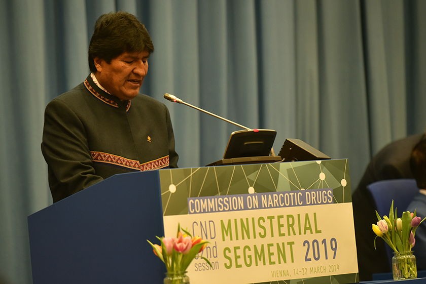 El presidente Evo Morales en su intervención en la Comisión de Estupefacientes de la ONU en Viena. FOTO: ABI
