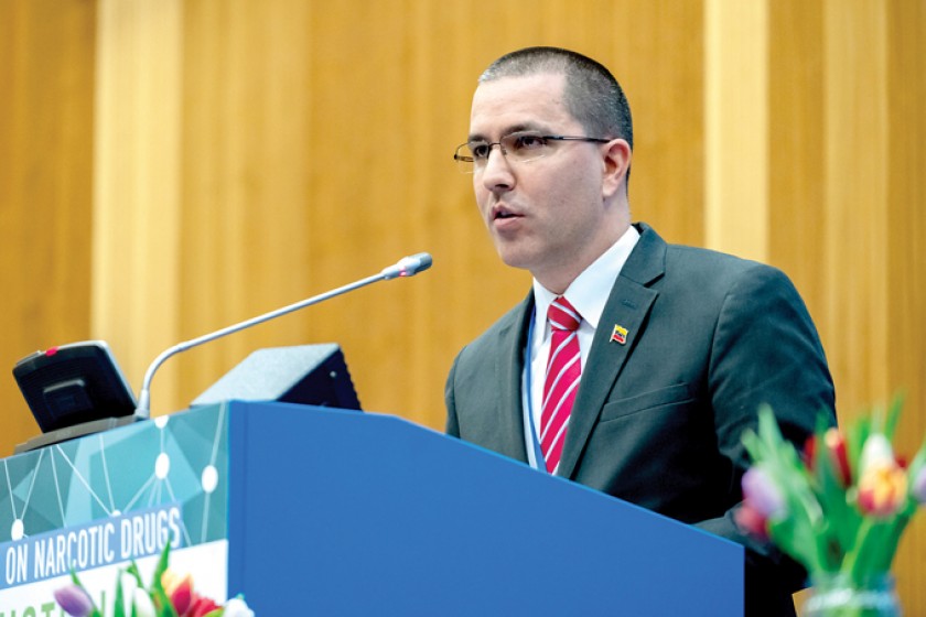 BOICOT. El canciller de Venezuela, Jorge Arreaza, durante su intervención ante la Comisión de Narcóticos de la ONU en Vi
