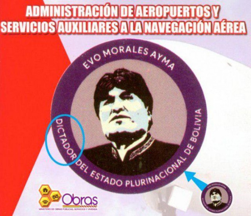 El logo con la leyenda "Dictador del Estado Plurinacional de Bolivia. Foto: Composición CORREO DEL SUR
