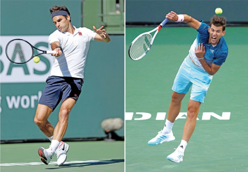 El suizo Roger Federer (i) y el austríaco Dominic Thiem se verán las caras hoy en la final de Indian Wells.