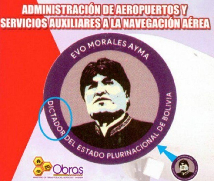 AASANA repartió carpetas con la leyenda "dictador" en el logo de Evo Morales. Foto: Composición CORREO DEL SUR