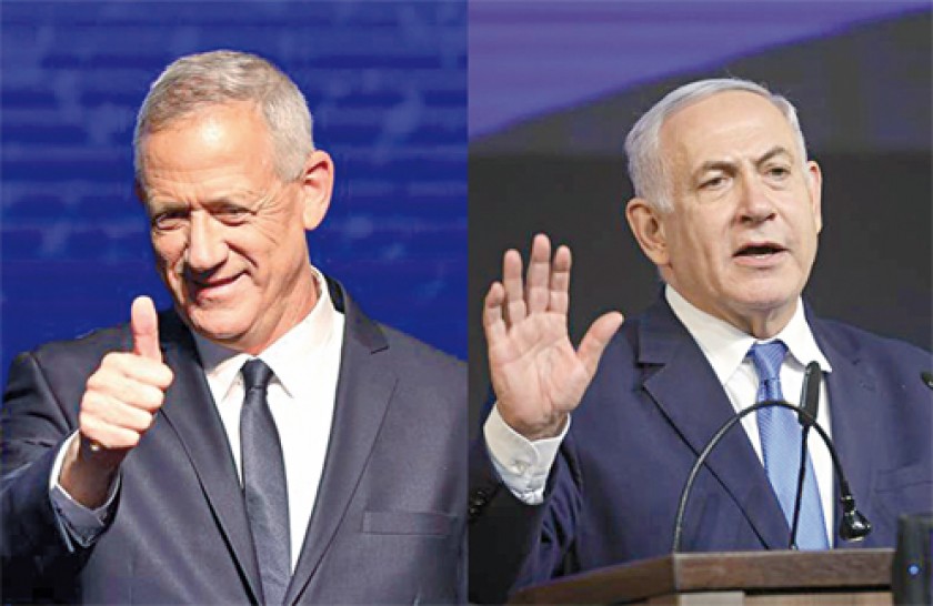 RIVALES. Benny Gantz y Benjamin Netanyahu poco después de que fueran presentadas las previsiones de las elecciones parla