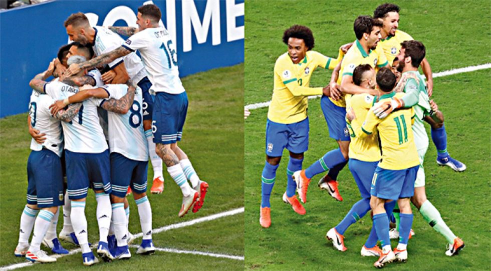 La selección Albiceleste (i) derrotó ayer a Venezuela y se enfrentará en semifinales a Brasil (d), que el jueves eliminó a Paraguay.