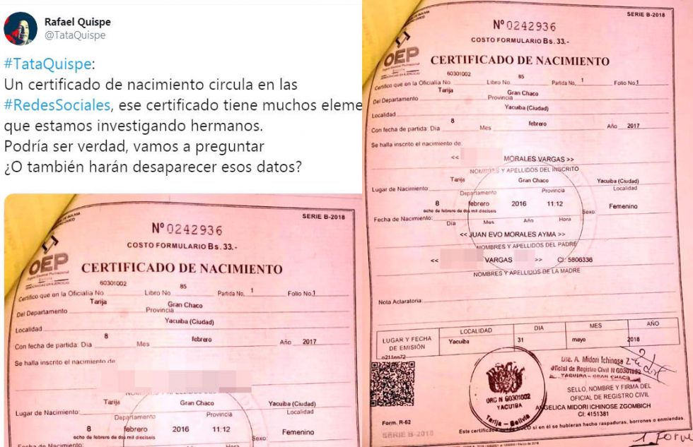 Rafael Quispe hizo la pubicación de un certificado de nacimiento en el que Evo Morales figura como padre.
