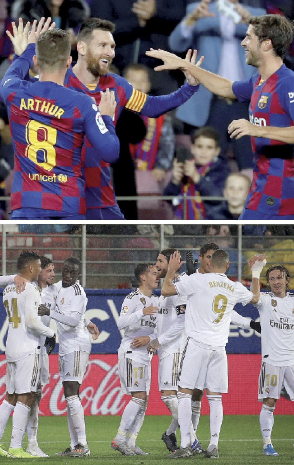 Messi y sus compañeros celebran un gol del Barcelona; abajo, el Madrid al finalizar el encuentro con el Eibar.