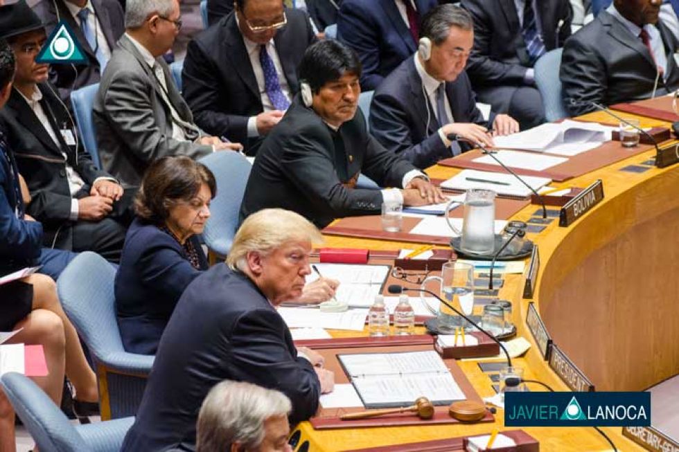 Una de las pocas ocasiones en que Morales y Trump coincidieron en un acto oficial. 