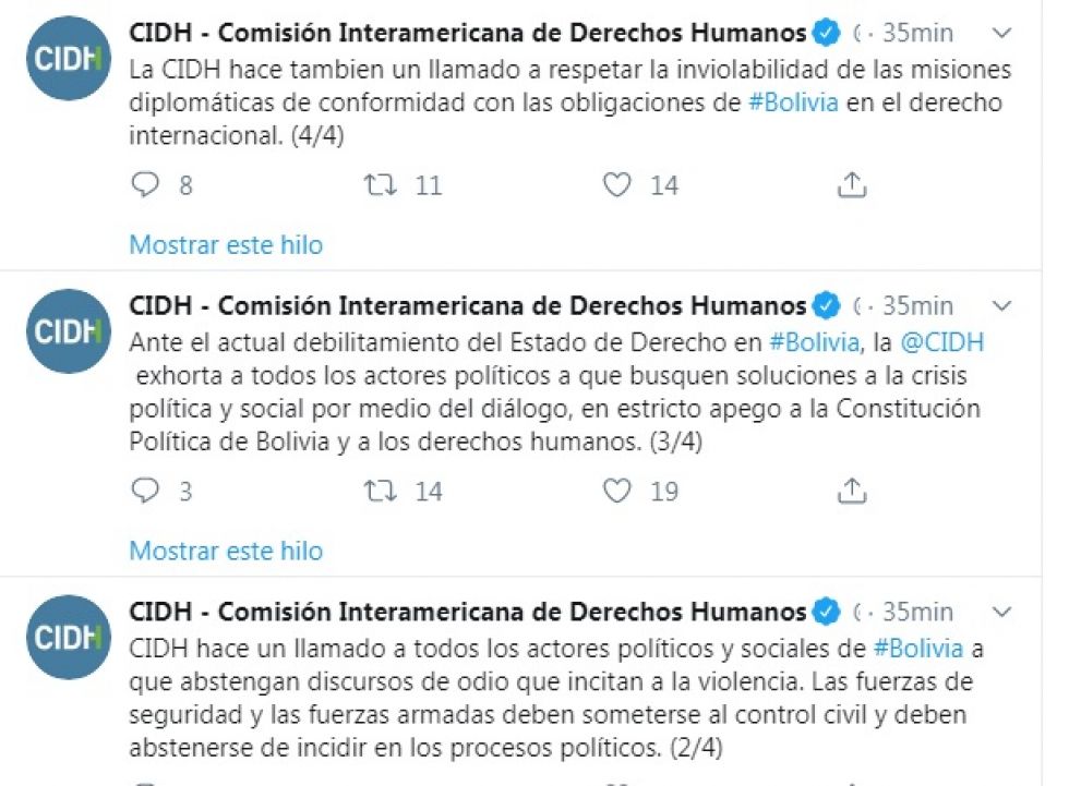Los tuits de la CIDH sobre el conflicto boliviano. 