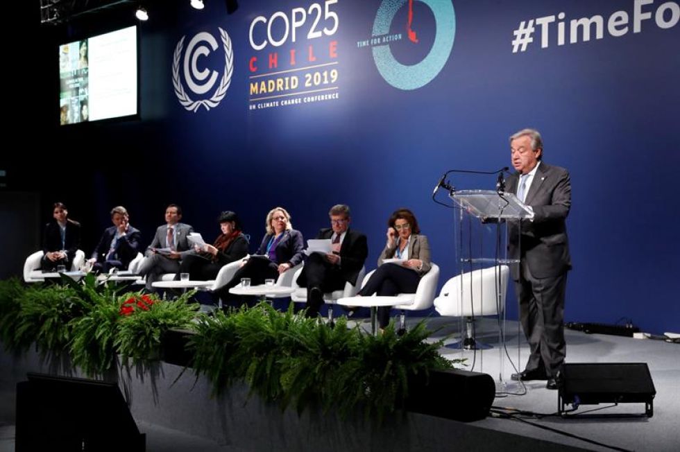 El secretario general de la ONU, Antonio Guterres, interviene en el plenario de la Cumbre del Clima en Madrid.