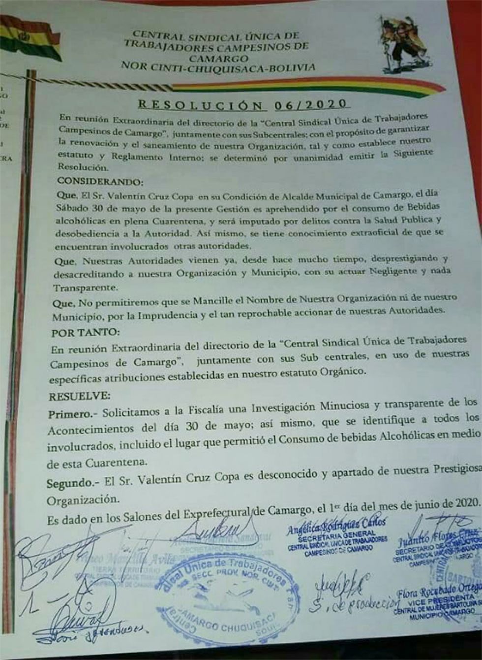 El voto resolutivo de la Valentín Cruz ya no goza del respaldo de la Central Sindical Única de Trabajadores Campesinos de Camargo.