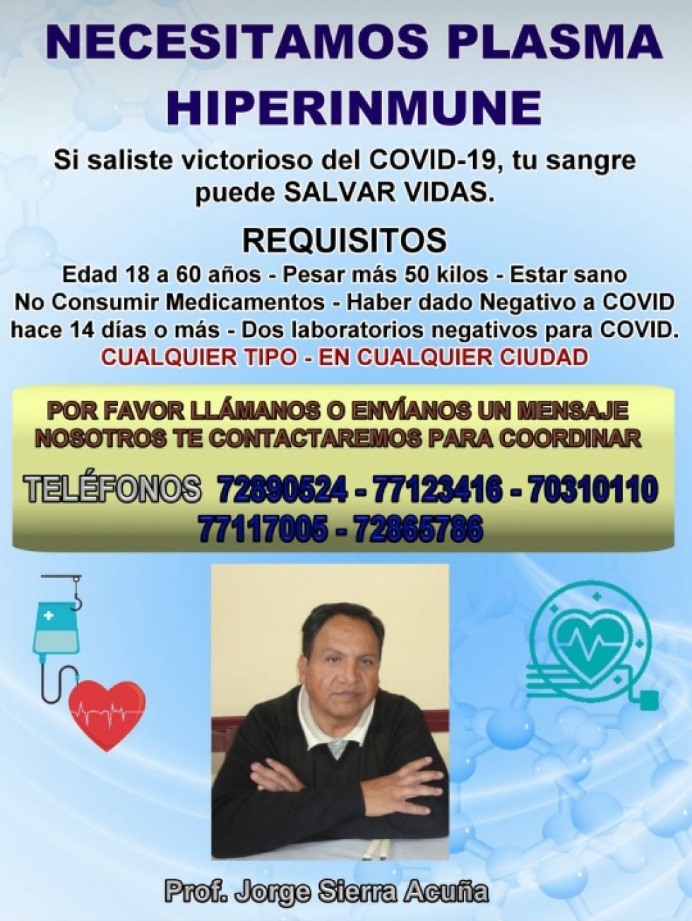 El afiche de la campaña para conseguir plasma hiperinmune para el profesor del colegio de La Recoleta.