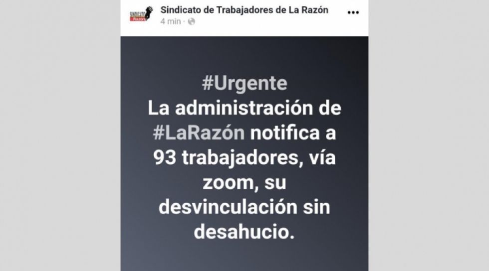 El sindicato de trabajadores de La Razón informó sobre la medida que se tomó contra sus miembros.
