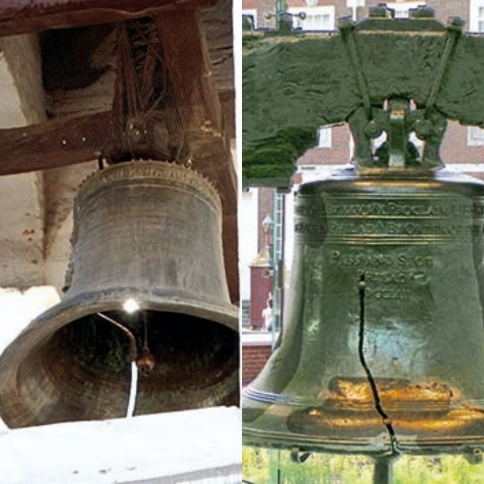 A la izquierda, la Campana de la Libertad en Sucre. A la derecha, la campana de Filadelfia.
