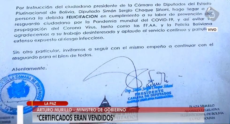 El certificado identificado en la investigación, firmado supuestamente por Sergio Choque.