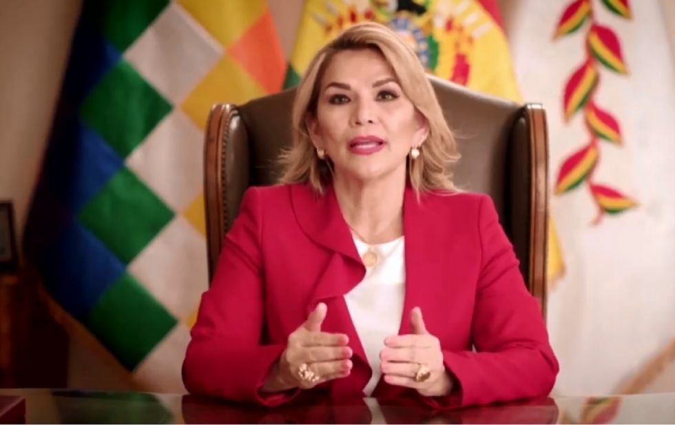 La presidenta Jeanine Áñez, durante su mensaje grabado por el 75° aniversario de la ONU.