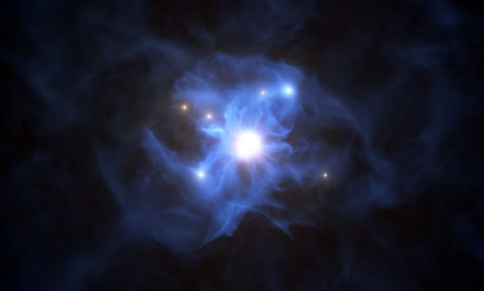 Impresión de un artista del agujero negro central y las galaxias atrapadas en su red de gas.