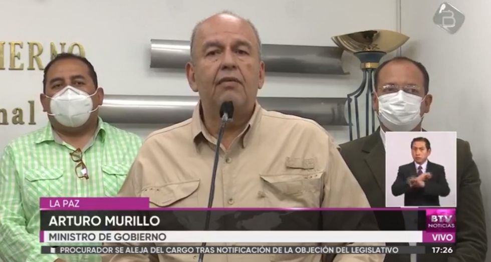 El ministro de Gobierno, Arturo Murillo, durante su conferencia de prensa de esta tarde.