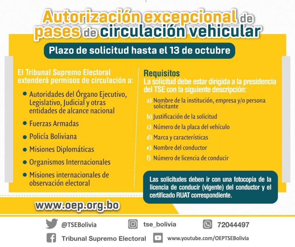 El TSE y los TED recibirán solicitudes de autorización de circulación vehicular hasta el 13 de octubre