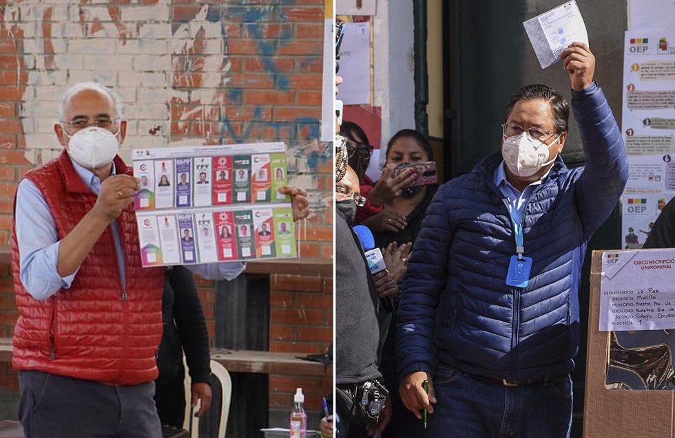 Carlos Mesa (i) y Luis Arce, los dos primeros en los resultados electorales, votaron en La Paz.