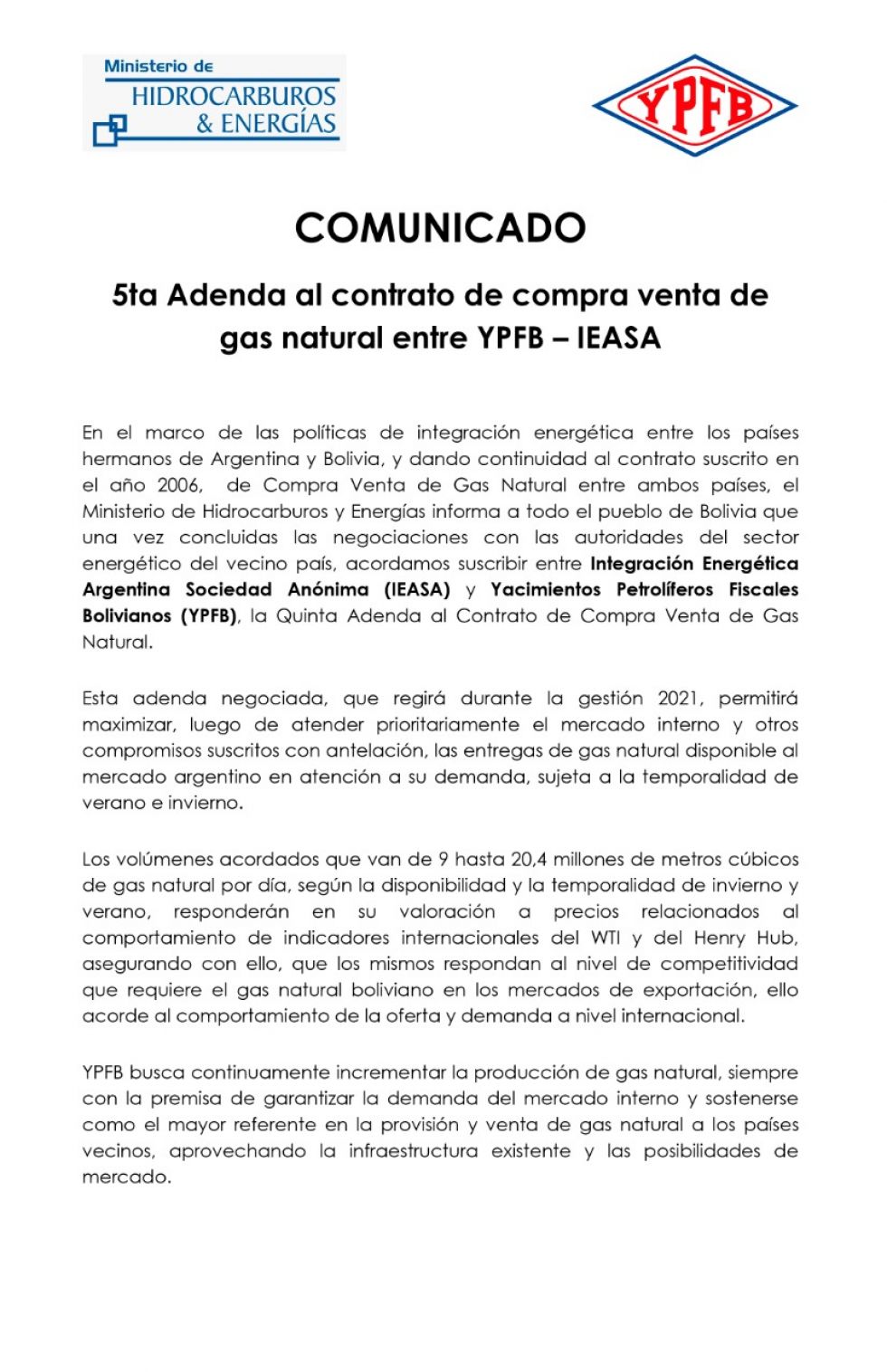El comunicado del Ministerio de Hidrocarburos y YPFB.