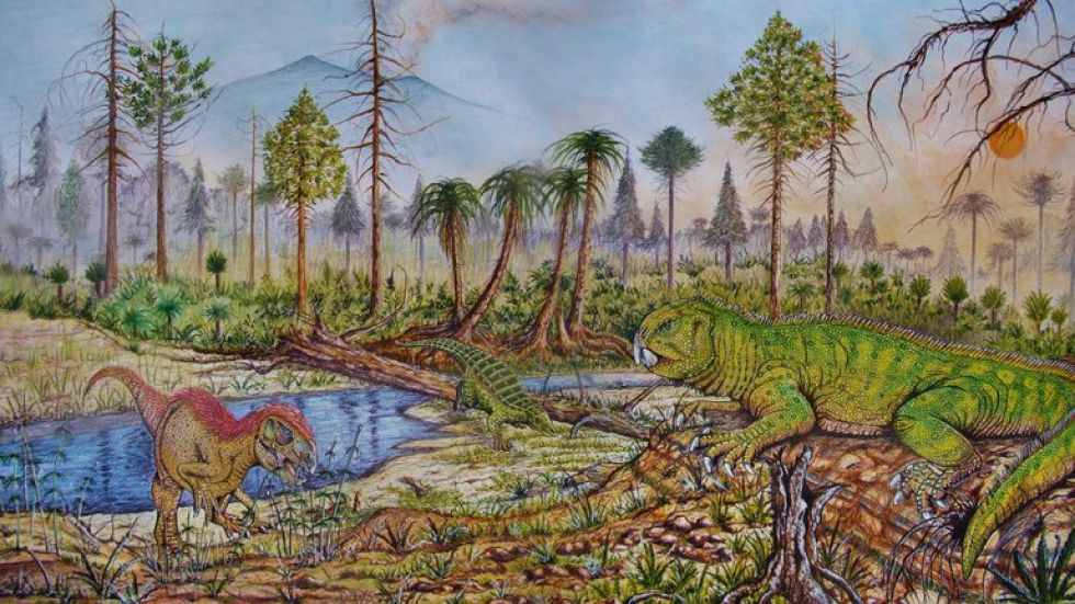 Recreación de rincosaurio, un animal cuadrúpedo y herbívoro que compartió hábitat con los primeros dinosaurios.
