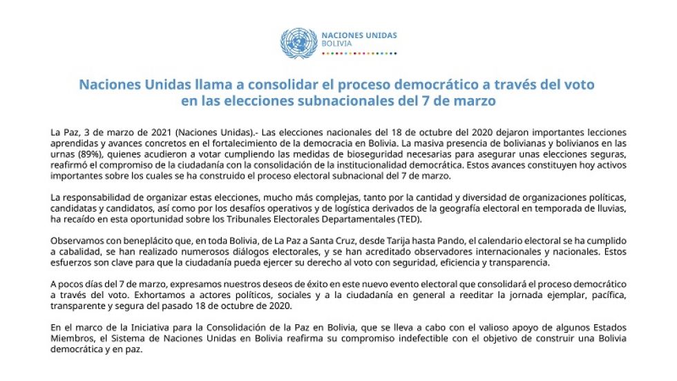El comunicado de la ONU en Bolivia difundido en redes sociales.