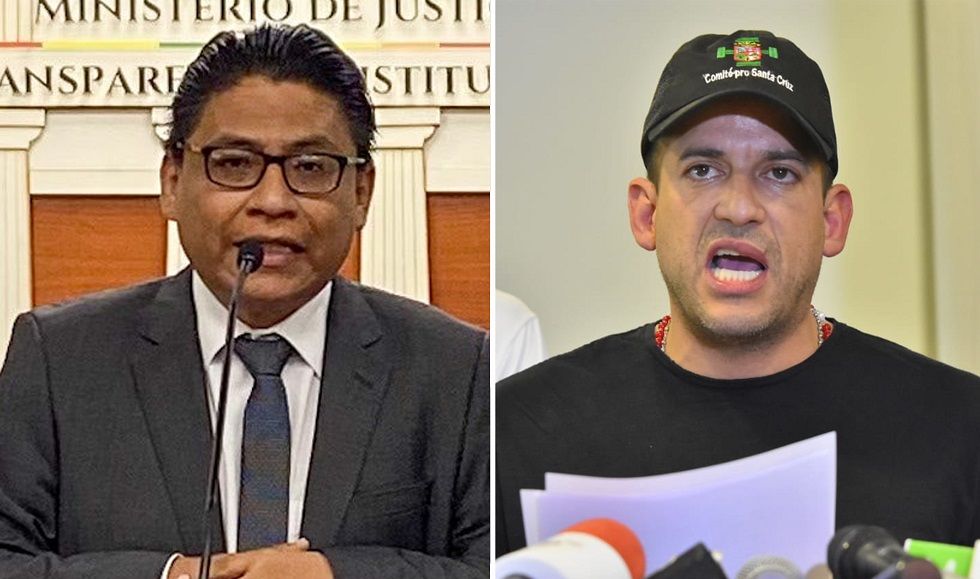 El ministro de Justicia, Iván Lima (i), y el gobernador electo de Santa Cruz, Luis Fernando Camacho.