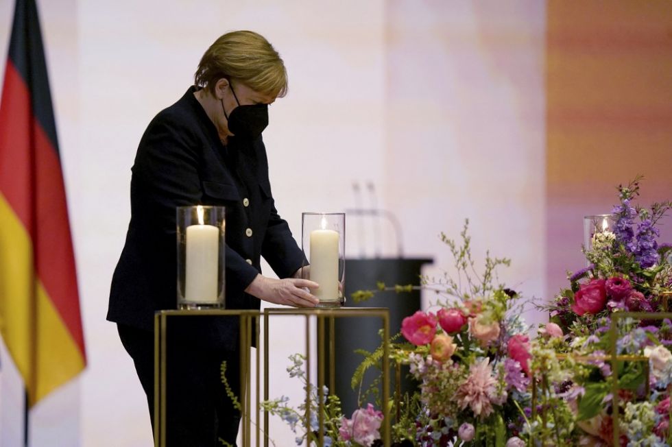 La canciller alemana Angela Merkel, durante el homenaje a las 80.000 víctimas del covid-19.